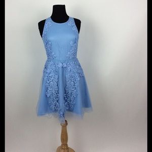 - Badgley Mischka Blue Chiffon Floral Dress